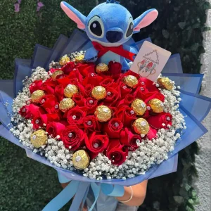 100 rosas, chocolates y stich